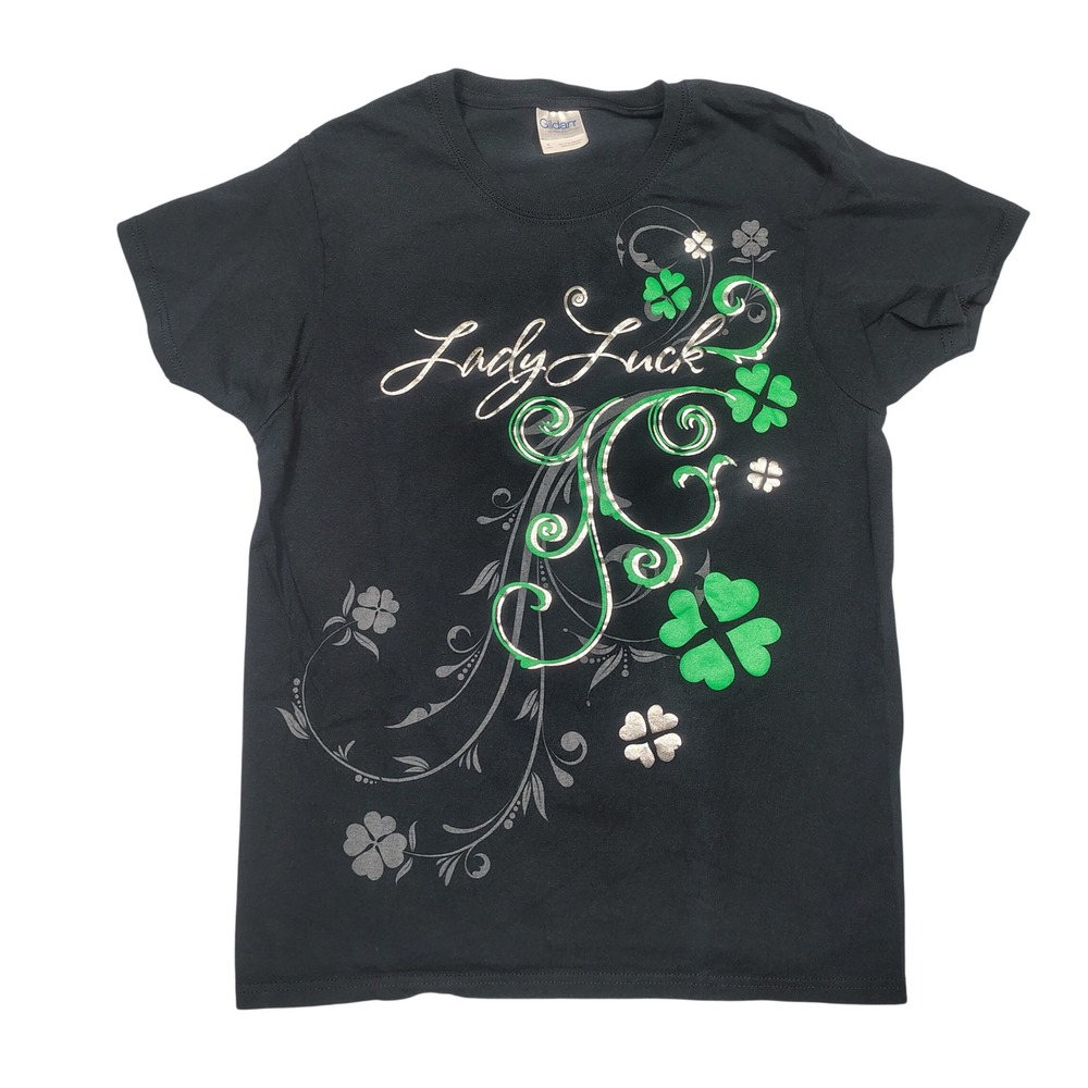 Gildan T-Shirt Women S Lady Luck Shamrock Graphic Black Tee St Patricks Day